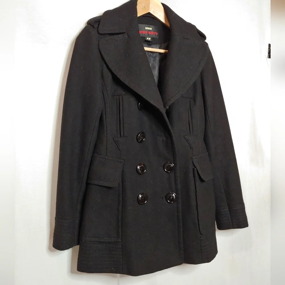 M60 Miss‎ Sixty Wool Blend Double Breasted Fitted Peacoat Black XS